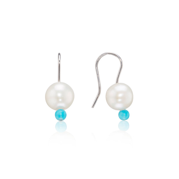 18ct White Gold Pearl and Turquoise Replica Hanging Earrings