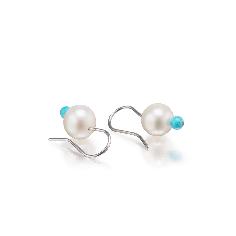18ct White Gold Pearl and Turquoise Replica Hanging Earrings