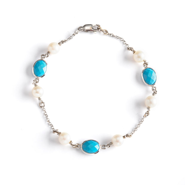 18ct White Gold Turquoise Replica and Pearl Bracelet