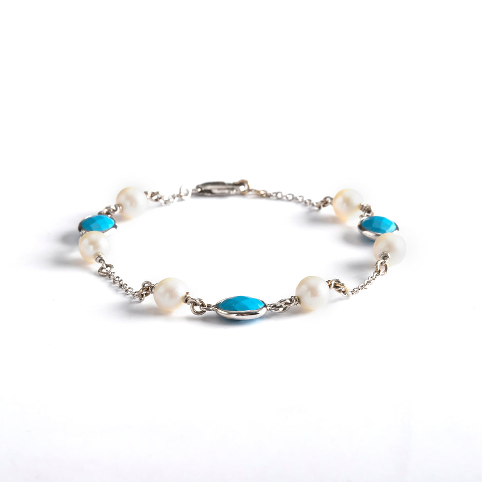 18ct White Gold Turquoise Replica and Pearl Bracelet