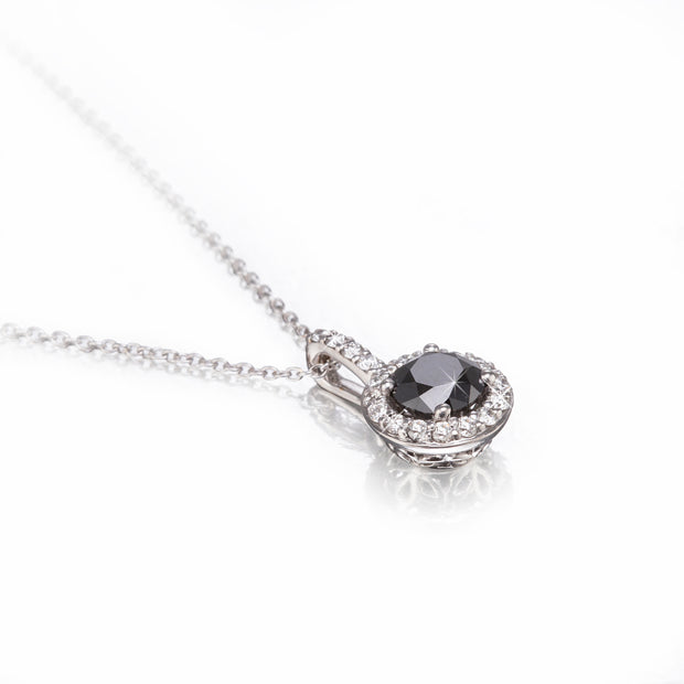 18ct White Gold Black and White Diamond Halo Pendant with a Adjustable Ball Chain