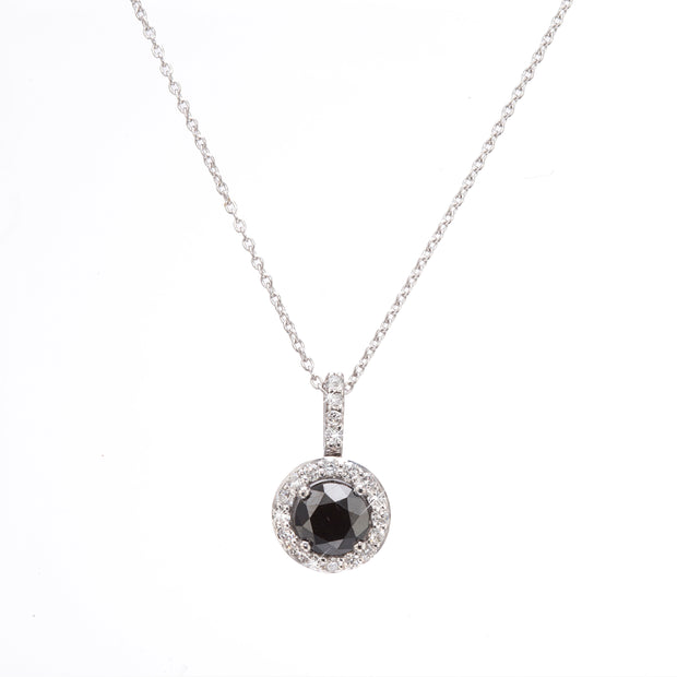 18ct White Gold Black and White Diamond Halo Pendant with a Adjustable Ball Chain