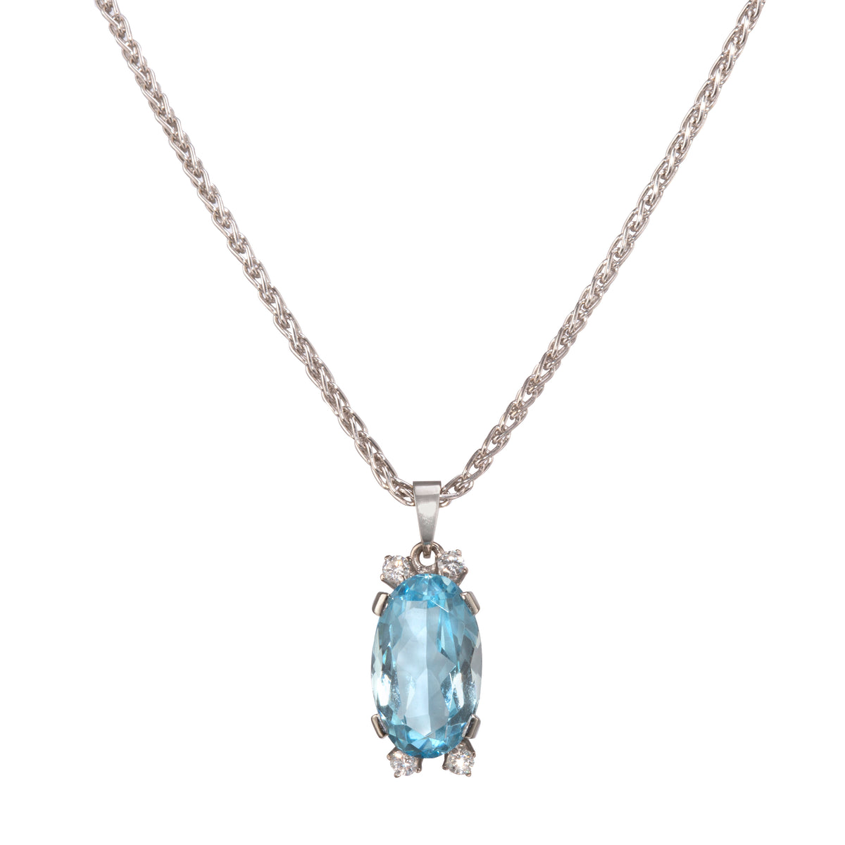 18ct White Gold Oval Cut Aquamarine and Diamond Pendant with a 18ct White Gold Wheat Chain