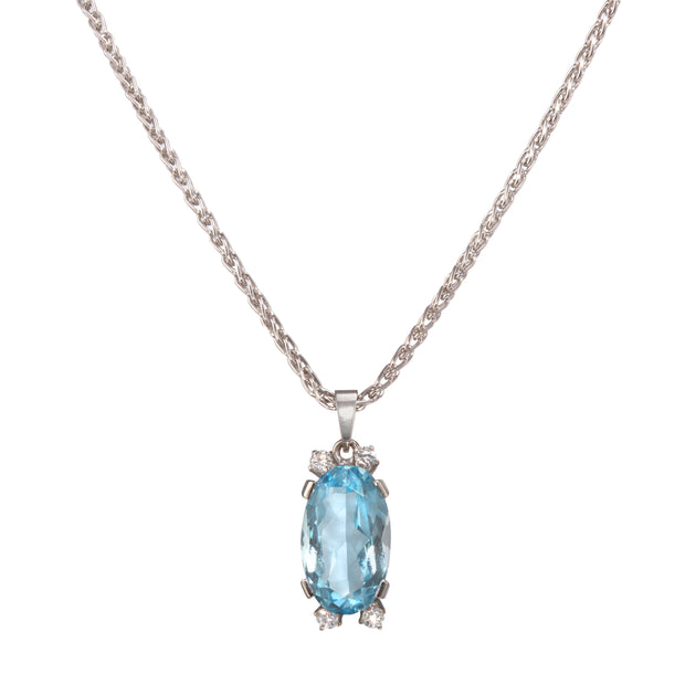 18ct White Gold Oval Cut Aquamarine and Diamond Pendant with a 18ct White Gold Wheat Chain