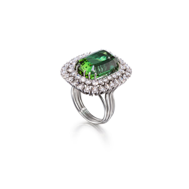 18ct White Gold Elongated Cushion Cut Green Tourmaline and Diamond Ring