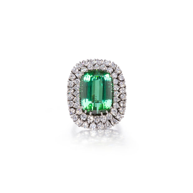 18ct White Gold Elongated Cushion Cut Green Tourmaline and Diamond Ring