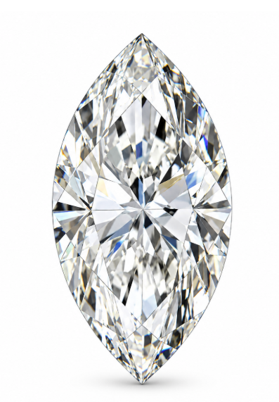A single marquise-cut diamond shown upright against a plain white background, with bright reflective facets and no visible setting or packaging.