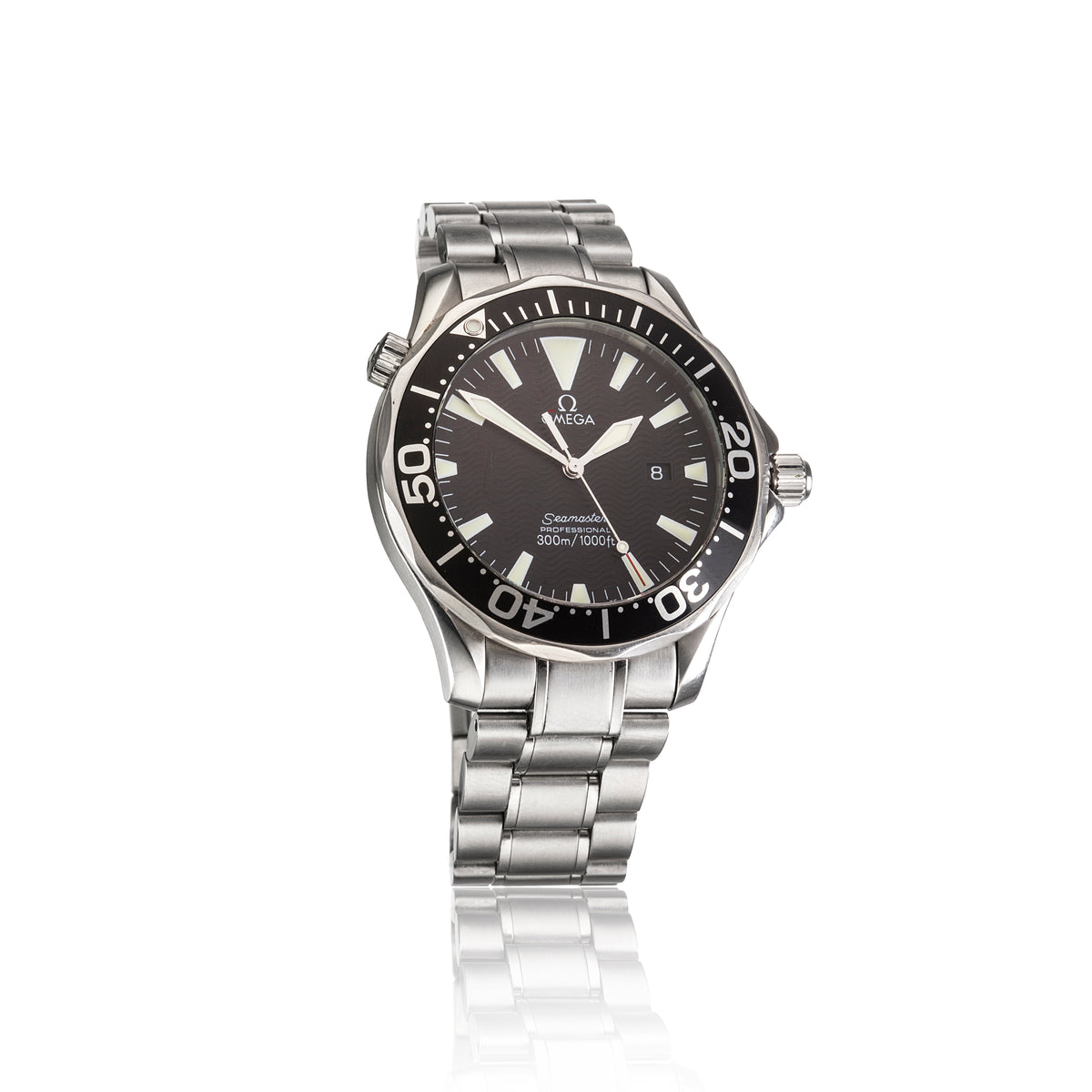 An Omega Seamaster wristwatch with a silver stainless steel bracelet and case, featuring a black dial with white luminous markers and a black rotating bezel.