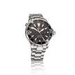 An Omega Seamaster wristwatch with a silver stainless steel bracelet and case, featuring a black dial with white luminous markers and a black rotating bezel.
