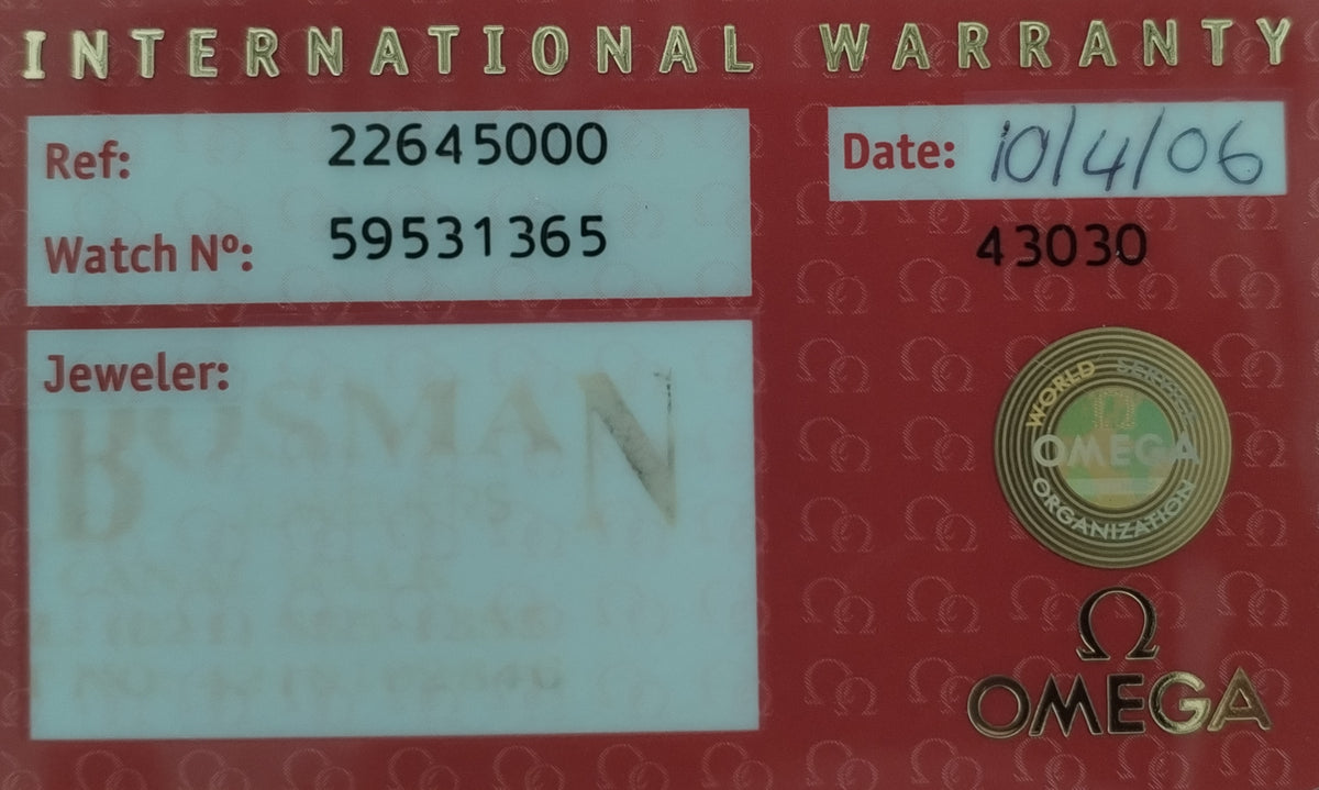 A red International Warranty card for an Omega watch, showing reference number 22645000, watch number 59531365, date 10/14/06, and a gold Omega seal.