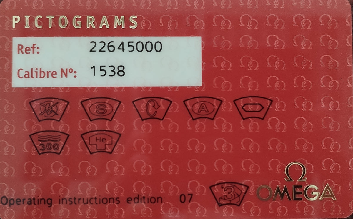A red Omega Pictograms operating instructions card showing various warning light symbols with reference and caliber details, along with the Omega brand logo.