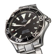 Omega Seamaster stainless steel watch with a black dial, black rotating bezel, and silver-tone metal case and bracelet, shown on a white background.