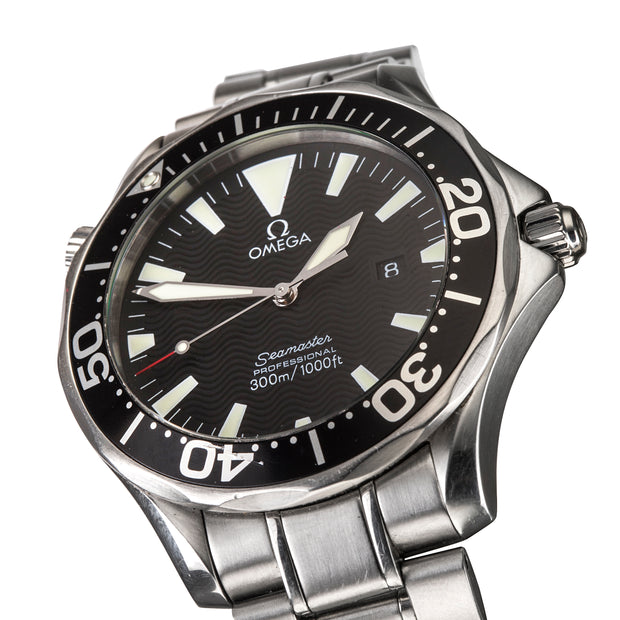Omega Seamaster stainless steel watch with a black dial, black rotating bezel, and silver-tone metal case and bracelet, shown on a white background.
