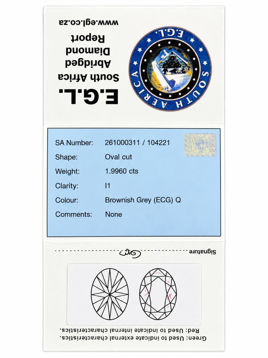 South Africa Gemstone & Diamond Report card for an oval-cut, brownish-grey diamond, showing details like weight, clarity, and shape alongside certification logos and gemstone profile diagrams.
