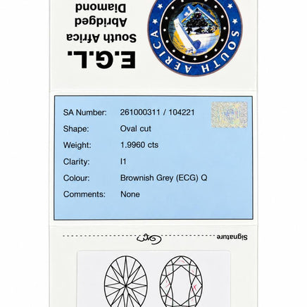 South Africa Gemstone & Diamond Report card for an oval-cut, brownish-grey diamond, showing details like weight, clarity, and shape alongside certification logos and gemstone profile diagrams.