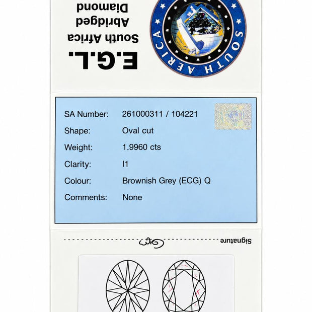 South Africa Gemstone & Diamond Report card for an oval-cut, brownish-grey diamond, showing details like weight, clarity, and shape alongside certification logos and gemstone profile diagrams.