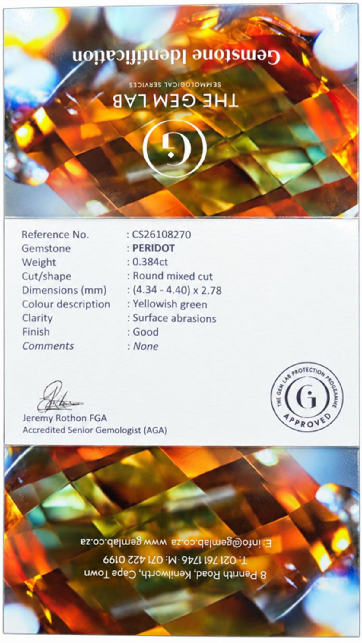 GEMLAB identification certificate for natural peridot