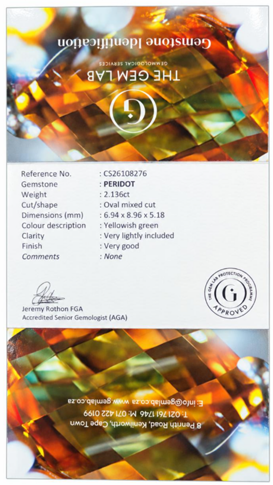 GEMLAB identification certificate for natural peridot