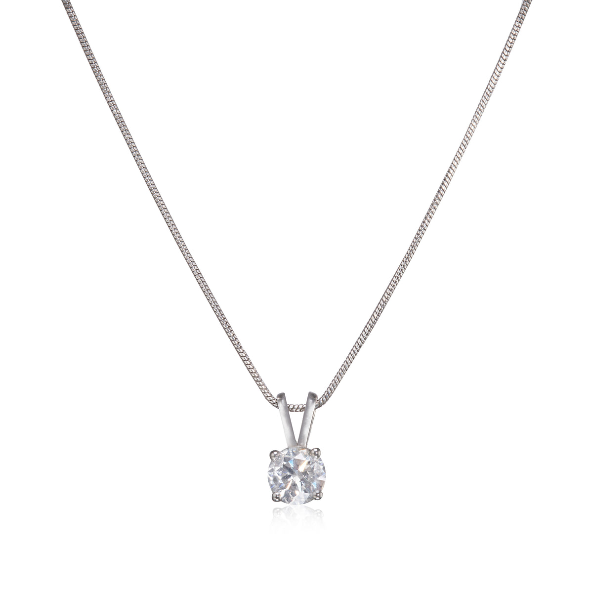 A white gold solitaire necklace with a round-cut clear gemstone pendant on a white background.