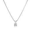 A white gold solitaire necklace with a round-cut clear gemstone pendant on a white background.