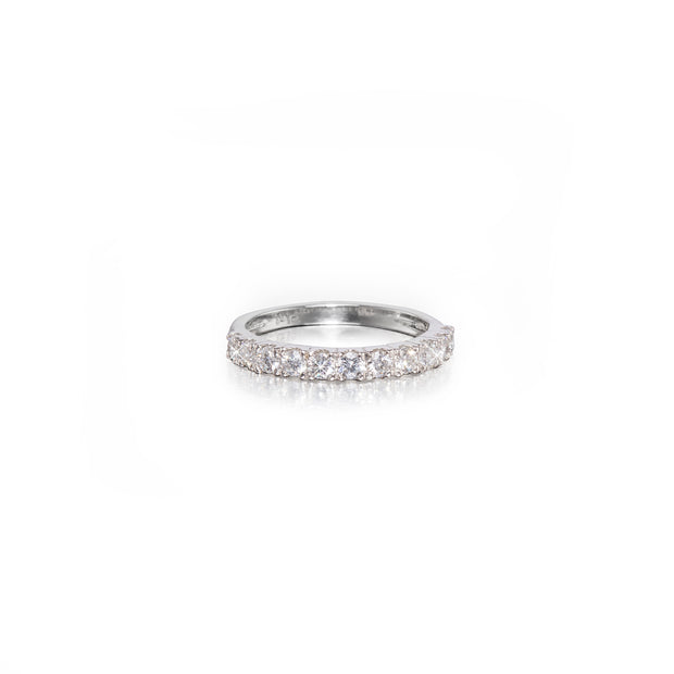 Platinum ring with small diamonds on a white background