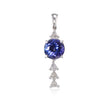 A platinum pendant featuring a round-cut deep blue tanzanite center stone, accented by three cascading triangular clusters of small clear stones, set against a plain white background.