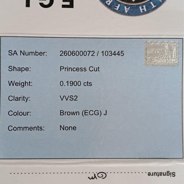 Princess Cut Diamond. 0.1900cts VVS2 BROWN (ECG) J EGL Report