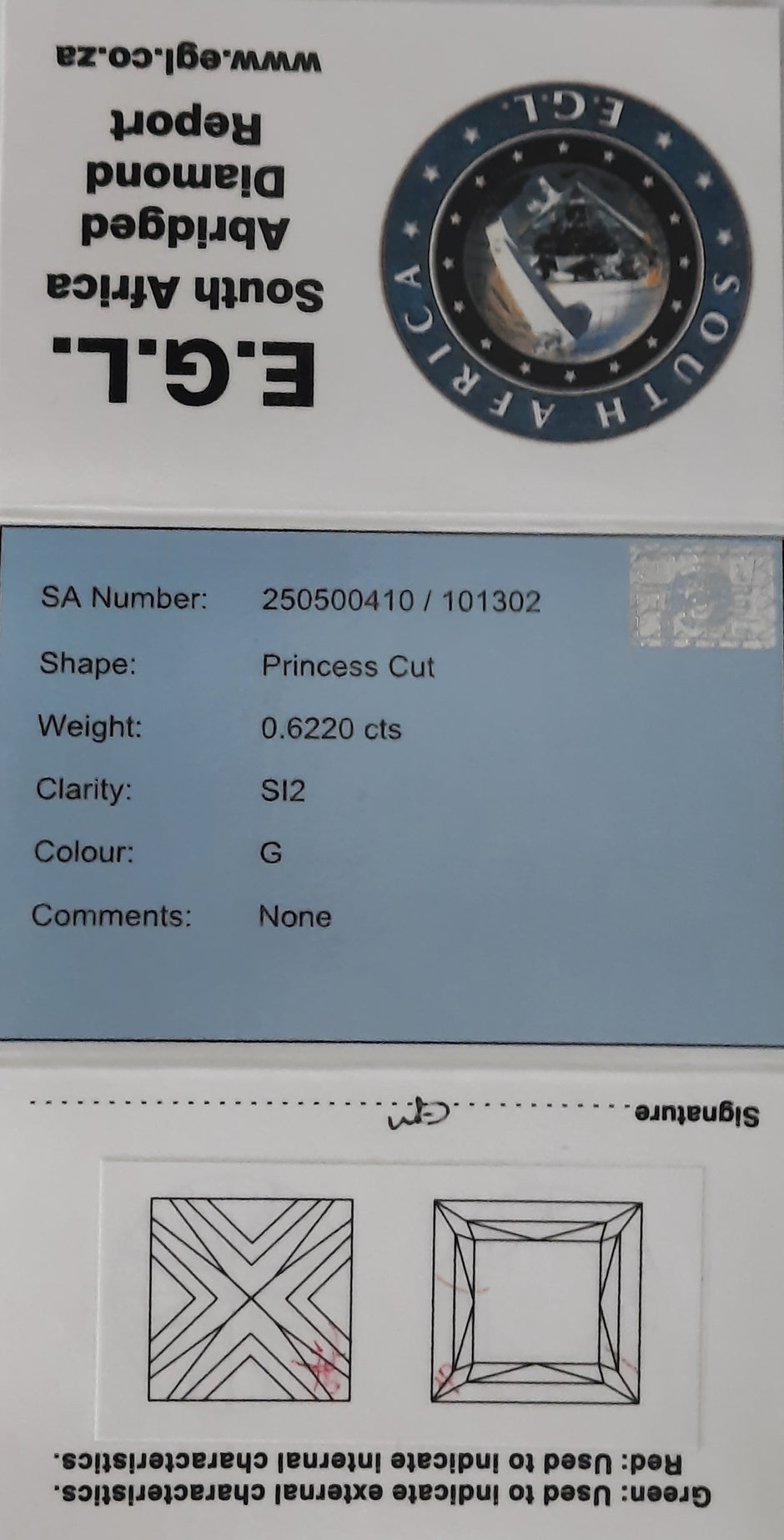 Diamond appraisal report with EGL South Africa logo