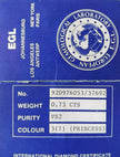 Diamond certification card with EGL logo and diamond details on a blue background