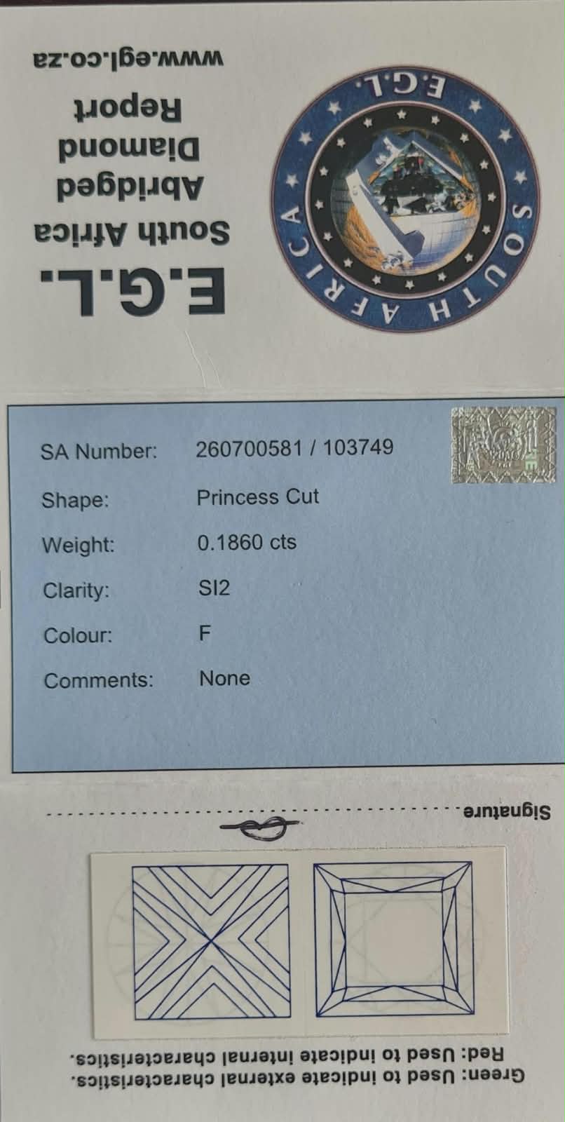 Princess Cut Diamond 0.1860cts SI2 F EGL REPORT