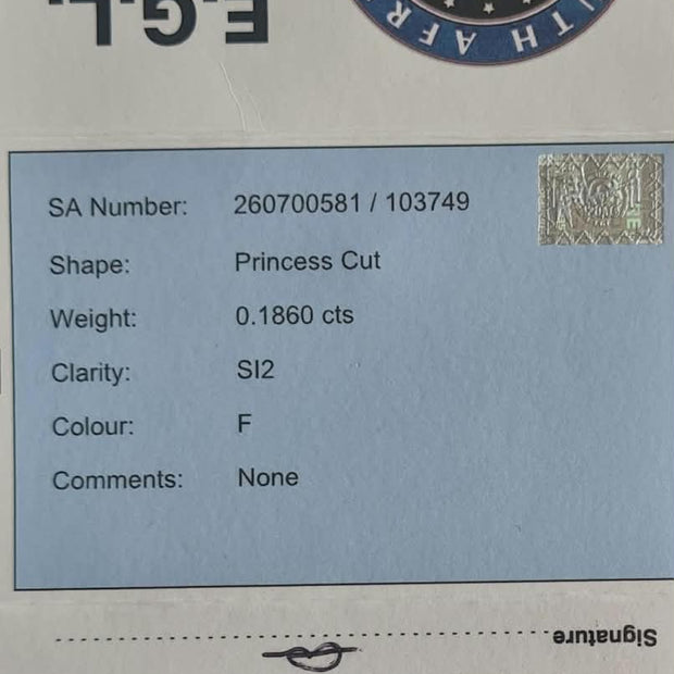Princess Cut Diamond 0.1860cts SI2 F EGL REPORT