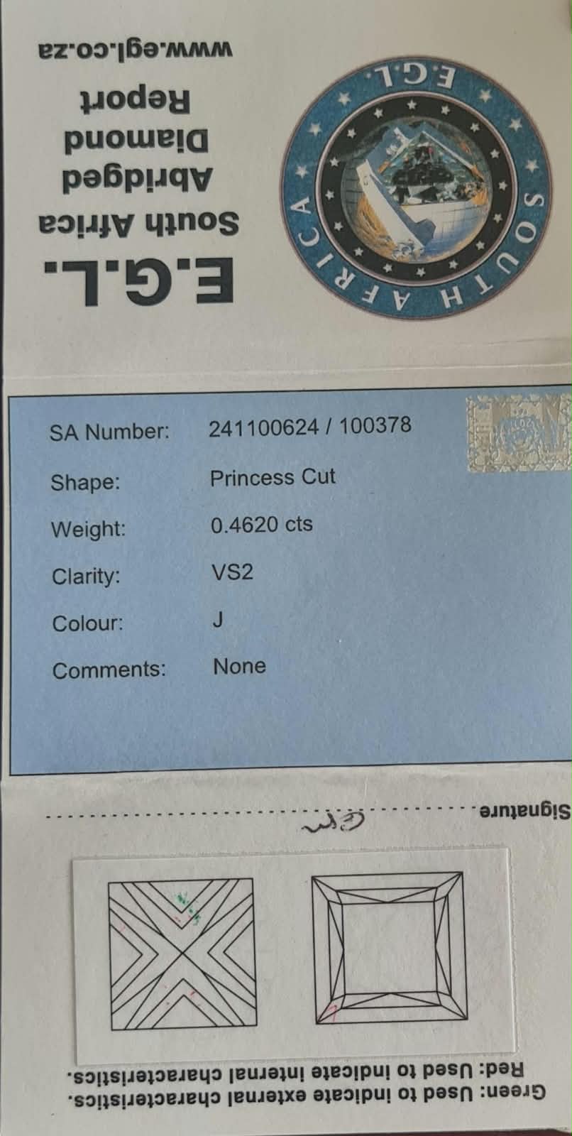 A diamond certificate report card for a princess-cut lab-grown diamond from E.G.