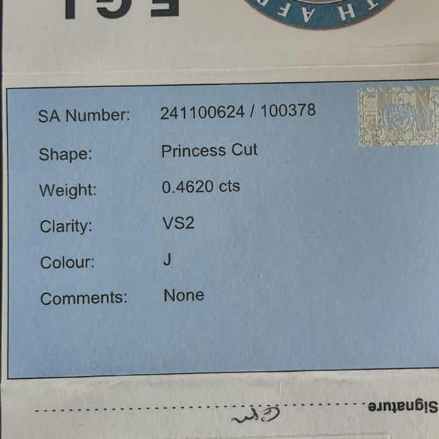 A diamond certificate report card for a princess-cut lab-grown diamond from E.G.