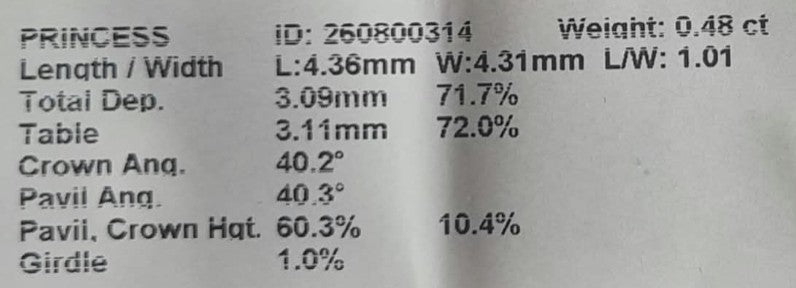 Princess Cut Diamond 0.4830cts VS2 I
