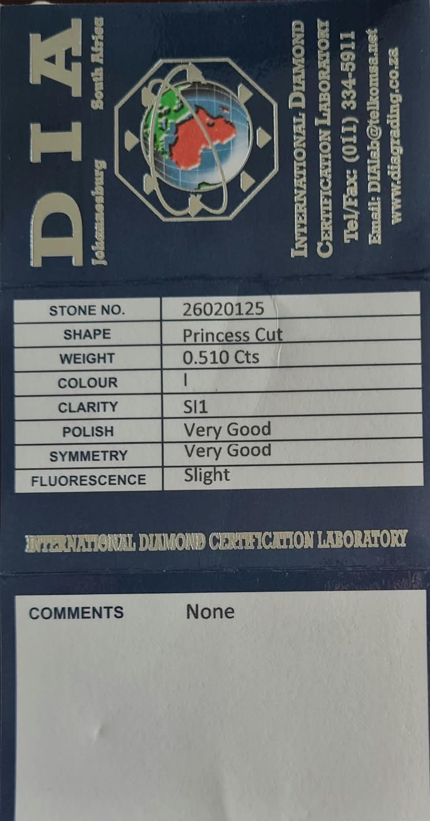 Princess Cut Diamond 0.510cts SI1 I DIA Certification