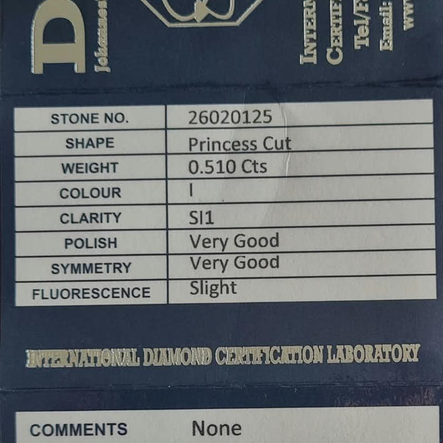 Princess Cut Diamond 0.510cts SI1 I DIA Certification