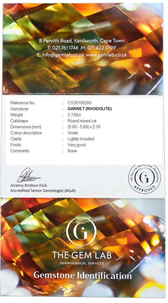 Clear GEMLAB identification certificate for Rhodolite Garnet
