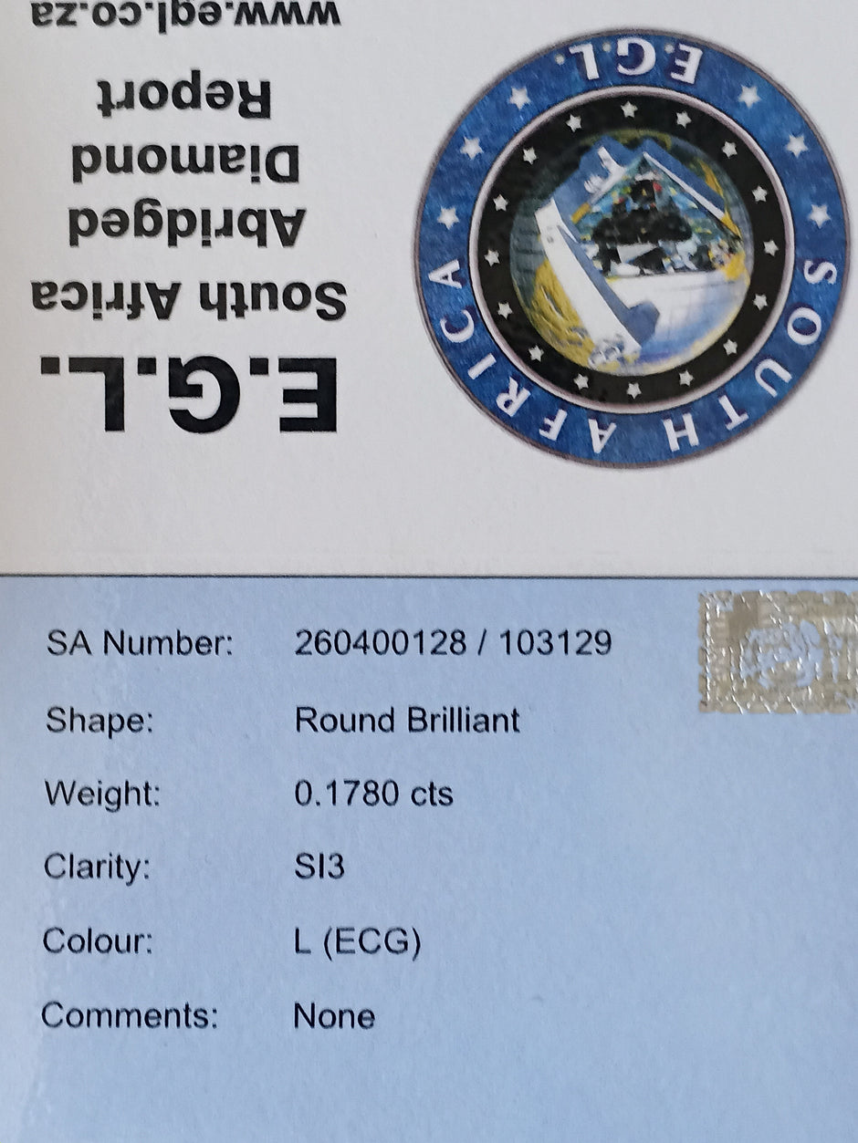 Round Brilliant Cut Diamond. 0.1780cts L (ECG) SI3 EGL Report