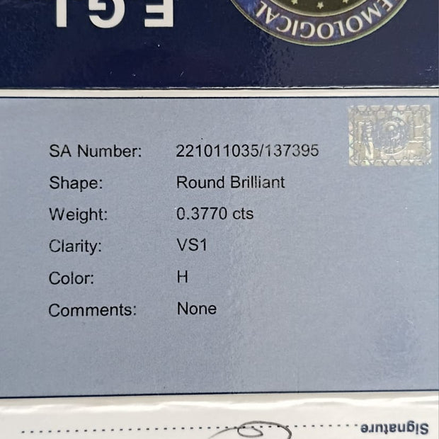 Round Brilliant Cut Diamond. 0.3770cts VS1 H EGL Report
