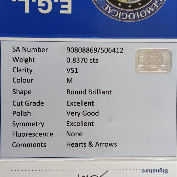 Round Brilliant Cut Diamond. 0.8370cts VS1 M (Hearts & Arrows) EGL REPORT