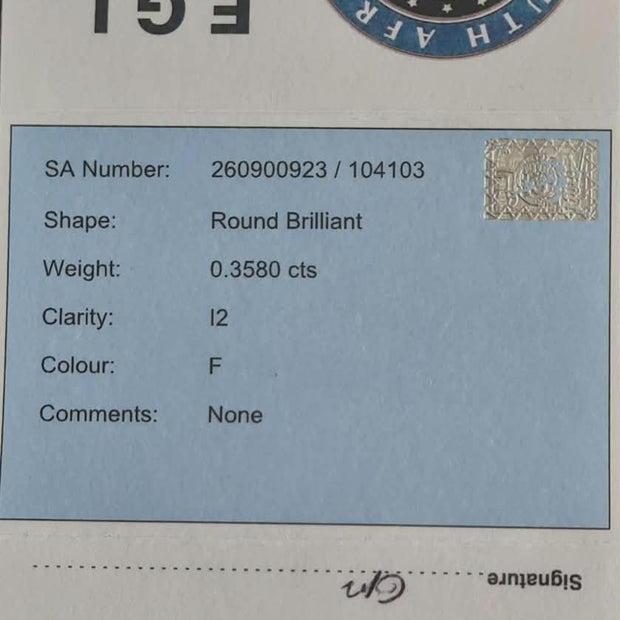 Round Brilliant Cut Diamond 0.3580cts I2 F EGL REPORT