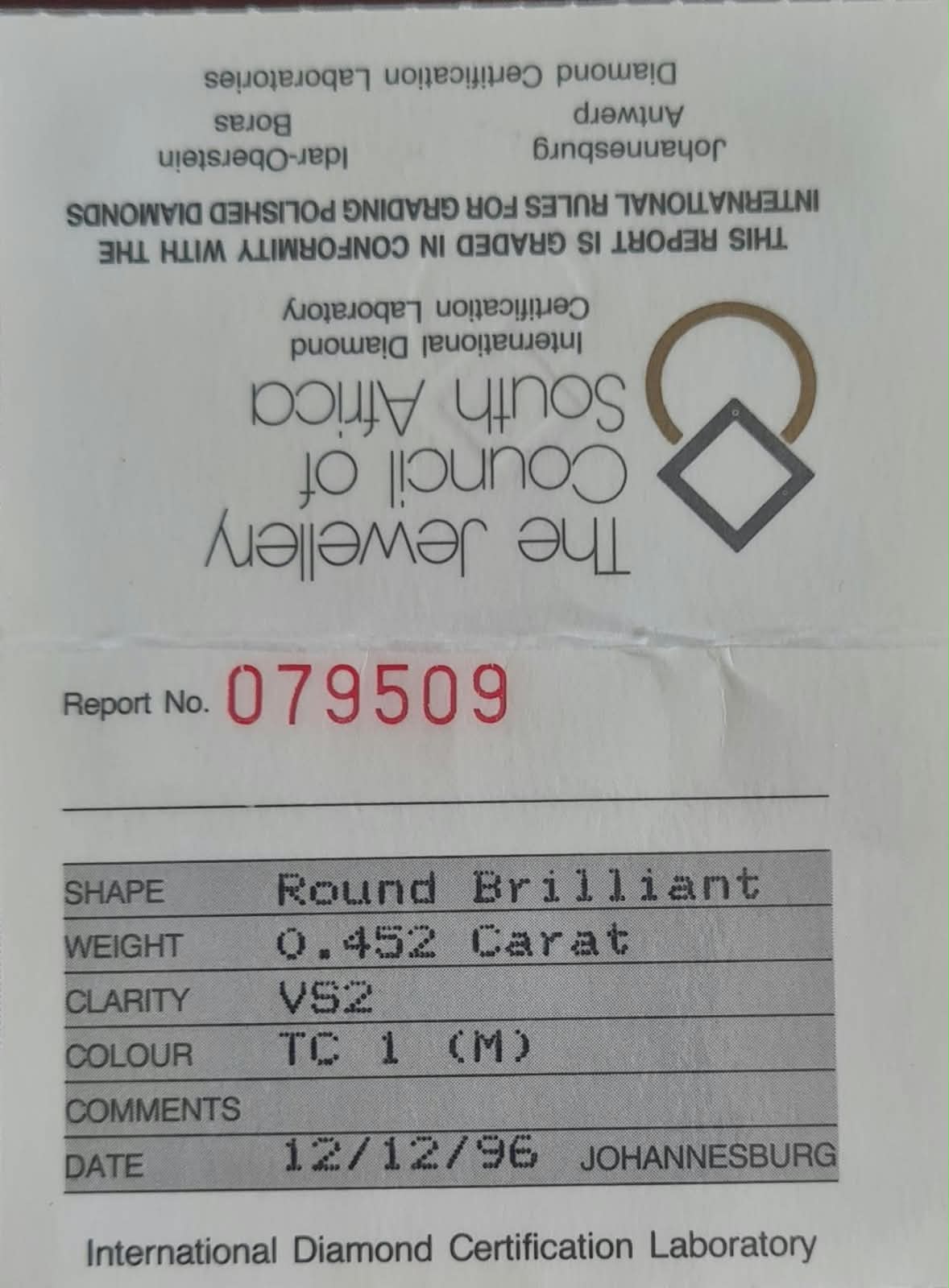A white diamond certification report card from The Jewellery Council of South Africa and International Diamond Certification Laboratory, showing details for a round brilliant-cut diamond with a 0.452 carat weight and VS2 clarity.
