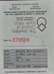 A white diamond certification report card from The Jewellery Council of South Africa and International Diamond Certification Laboratory, showing details for a round brilliant-cut diamond with a 0.452 carat weight and VS2 clarity.