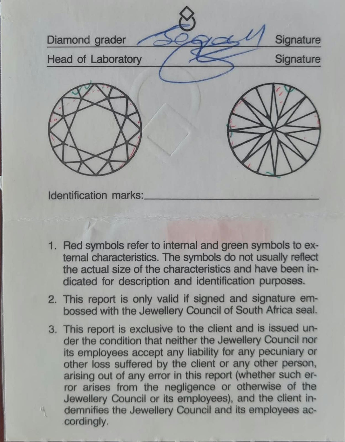 Round Brilliant Cut Diamond 0.452ct VS2 TC 1 (M) Grade report with identification marks