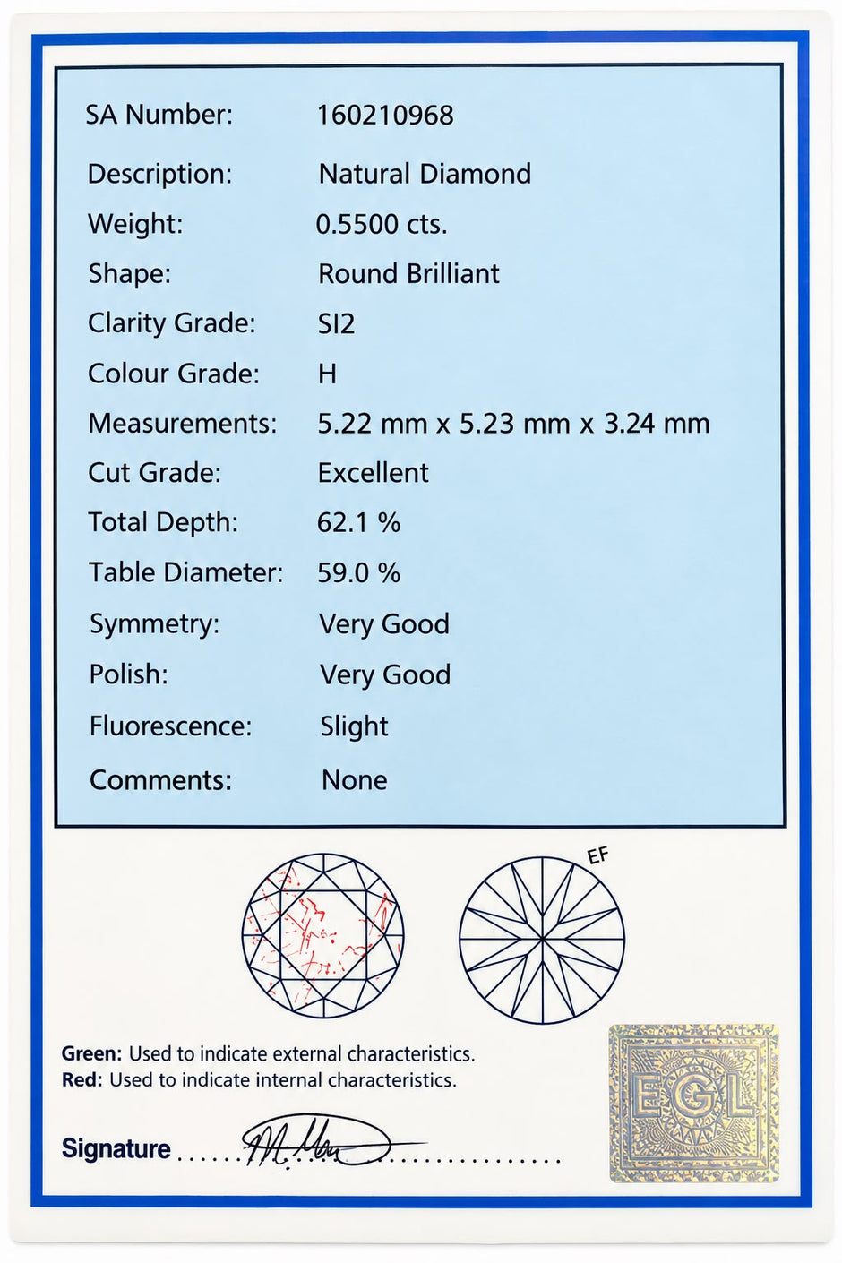 A round brilliant cut natural diamond certificate of authenticity with detailed specifications, weight, measurements, and a blue certification panel on a white background.