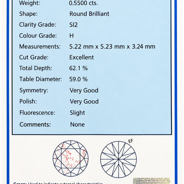 A round brilliant cut natural diamond certificate of authenticity with detailed specifications, weight, measurements, and a blue certification panel on a white background.