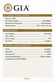  GIA Natural Diamond Dossier report card showing grading details for a round brilliant cut diamond, including carat weight, color grade, clarity grade, and cut grade, on a white background with gold and brown text.