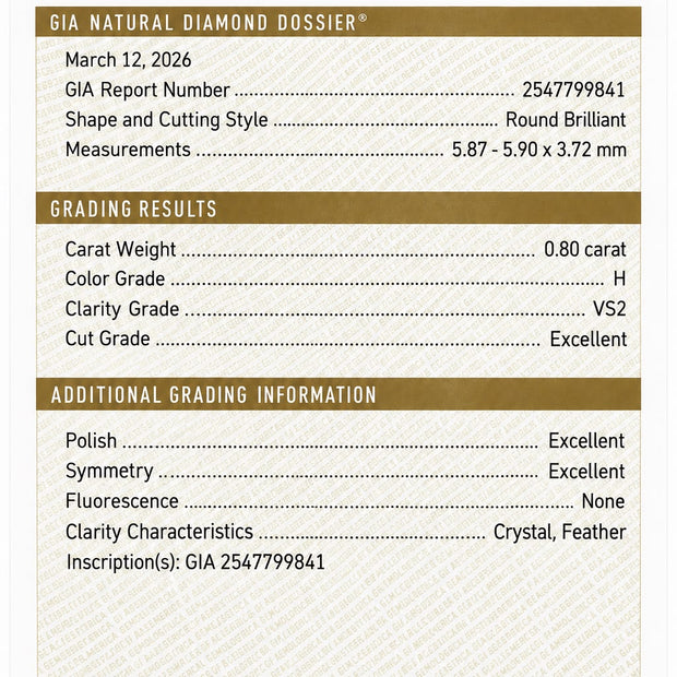  GIA Natural Diamond Dossier report card showing grading details for a round brilliant cut diamond, including carat weight, color grade, clarity grade, and cut grade, on a white background with gold and brown text.