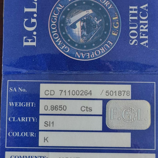 A blue Geological Laboratory South Africa certificate card with printed text, a circular E.G.L.