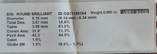 Round Brilliant Cut Diamond 0.8650cts SI1 K